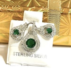 925 Sterling Silver Green Emerald Three Piece Set